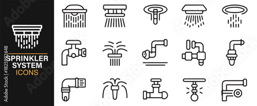 Plumbing and water-flow icon pack showing valves, pipes, and spray heads