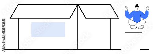 Minimalist house with large roof beside meditating person in seated position, focusing on inner peace. Ideal for wellness, mindfulness, balance, simplicity, tranquility, self-care, peaceful living