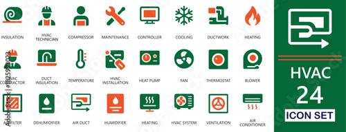 HVAC filled icon set featuring heating, cooling, ventilation, thermostat, airflow control, duct systems, and maintenance symbols for technical projects.