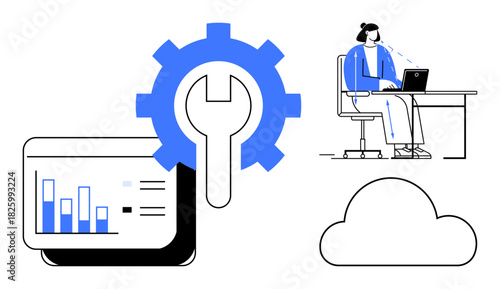 Cloud computing. Cloud computing visuals with analytics graphs, gear icon system management, and a customer support ative. Cloud storage and teamwork key in business, remote work, startups, and IT