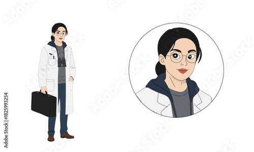 Young female scientist character with lab coat and briefcase
