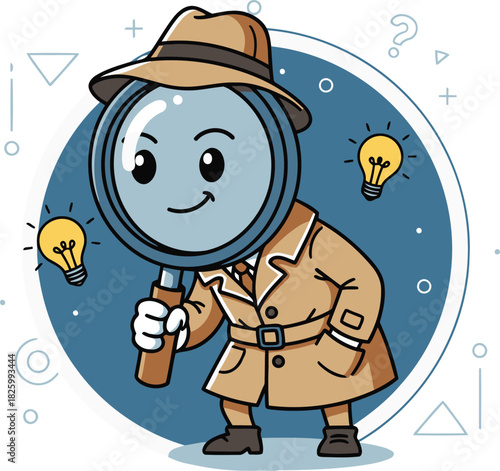 Cartoon magnifying glass detective wearing a trench coat investigates with bright ideas and a clever smile