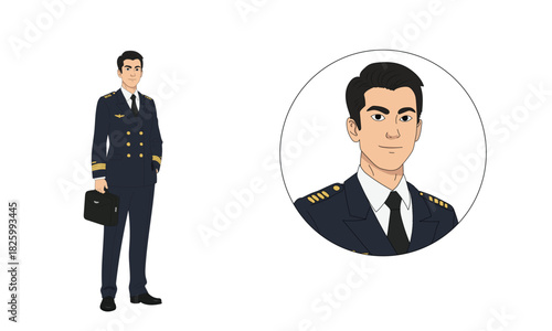 Professional airline pilot character illustration with portrait