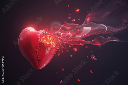 Valentines Day holiday poster flyer greeting card showcasing anatomical heart exploding with fiery particles and smoke