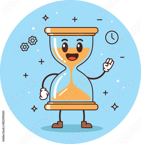 Cheerful hourglass timer character waving his hand with time management skills and countdown process