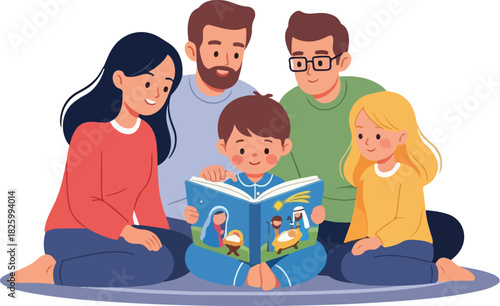 A family of five, including a young boy, sitting together on a rug, reading a book with a nativity scene illustration.
