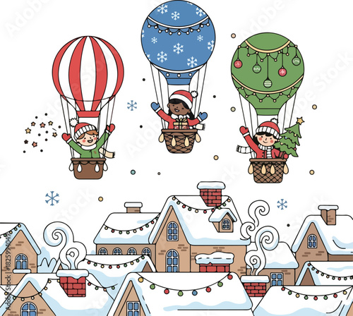 Three children in hot air balloons decorated with Christmas themes fly over snow-covered houses with festive lights.
