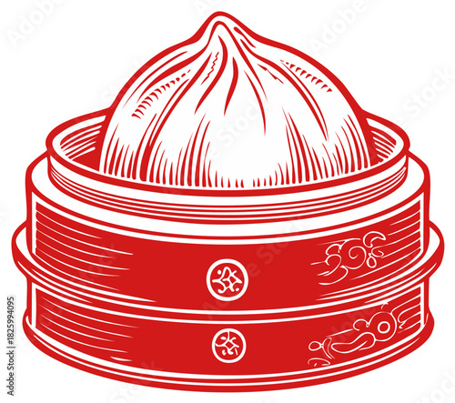 Traditional Chinese steamed dumpling in a red bamboo steamer vector illustration