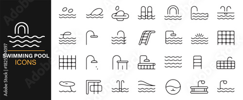 Clean minimal pool-themed icons featuring showers, bubbles, and water structures