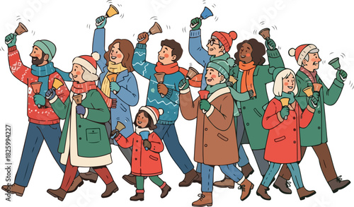 A diverse group of people wearing winter clothing and scarves are ringing handbells together, celebrating a festive occasion.