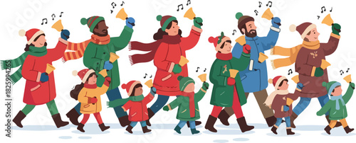 A diverse group of people, adults and children, joyfully parade while ringing handbells in winter clothing.