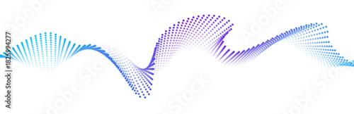 Abstract blue purple dotted wave pattern on white background. Dynamic lines symbolize sound, vibration, data. Clean backdrop for technology, music or science design themes