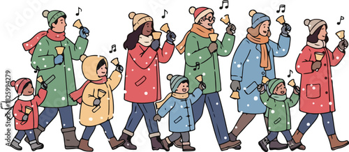 A group of adults and children in winter coats walk in a line ringing handbells as musical notes float above them.