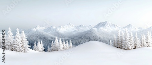 A serene winter landscape featuring snow-covered pine trees in the foreground, rolling snow-covered hills, and majestic snow-capped mountains in the background