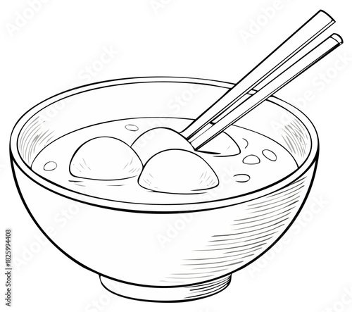 Line art illustration of Tangyuan traditional Chinese sweet soup with glutinous rice balls and chopsticks