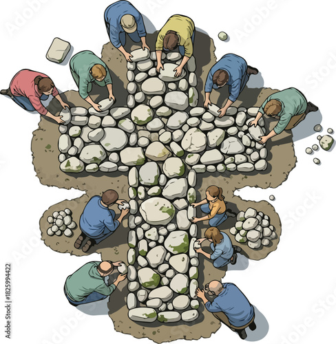 People collaboratively construct a stone cross, symbolizing unity, faith, and shared effort in building something meaningful.