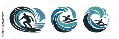  logos  of surfers riding waves,  in a minimalist aesthetic.