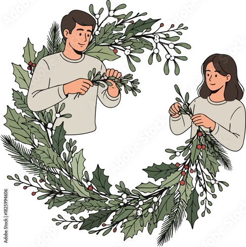 A man and a woman create a holiday wreath together, carefully arranging mistletoe and holly branches.