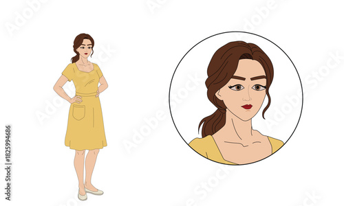 Confident woman character in yellow dress with portrait