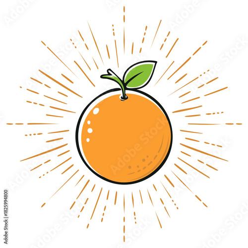 Fresh vibrant orange fruit with green leaf and radiant sunburst illustration