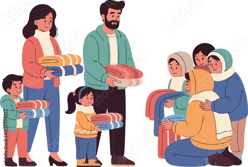 Family donating blankets to a group of people in need, demonstrating charity and community support.