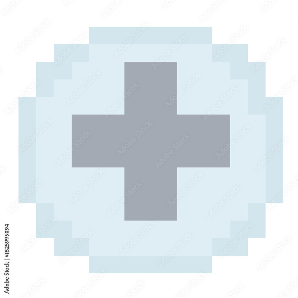 Obraz premium Simple circular medical cross symbol pixel art icon for first aid