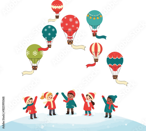 A group of diverse children in winter clothing look up at colorful hot air balloons decorated with festive patterns and trailing banners.