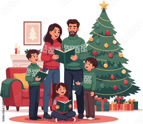 A family of five, including parents and three children, is singing Christmas carols together in their decorated living room.