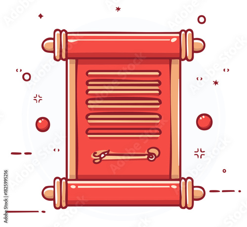 Stylized red scroll with decorative details and handwritten signature