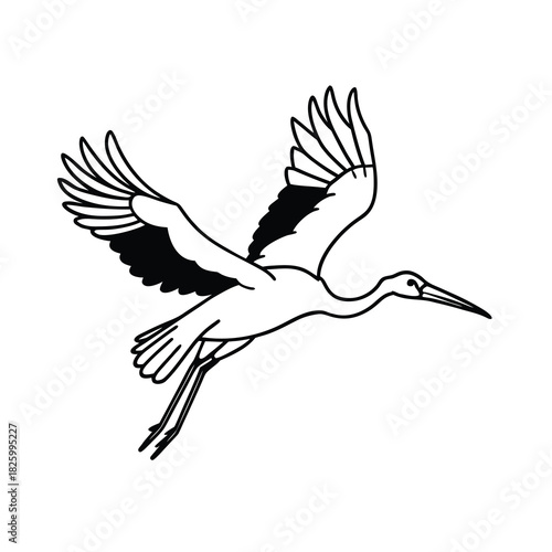 Black vector illustration of a flying stork with a baby silhouette and spread wings, symbolizing nature, freedom, and design