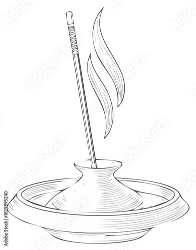 Incense Stick with Smoke Aroma in Decorative Holder Sketch Illustration