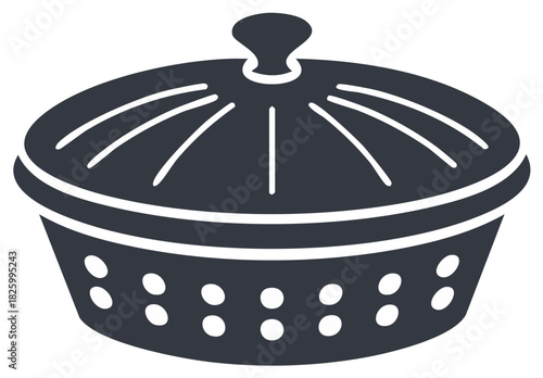 Stylized illustration of a lidded serving dish with decorative perforations
