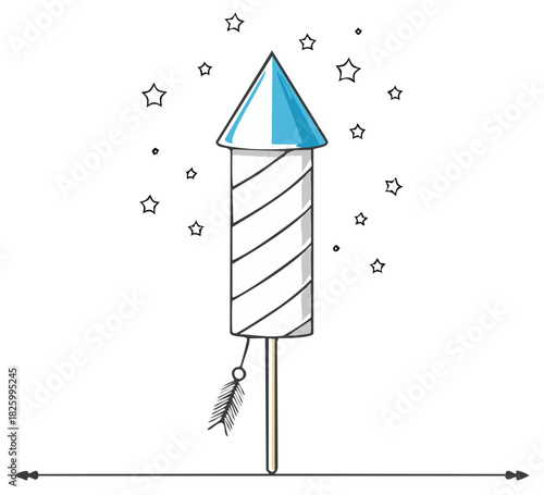 Stylized firework rocket ready to launch with starry bursts illustration