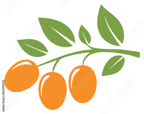 Branch with Orange Fruit and Green Leaves Simple Graphic Vector Illustration Design Element