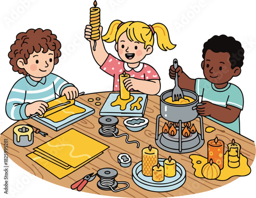 Three children crafting candles at a table, melting wax, rolling sheets, and dipping wicks in a pot over a small flame.