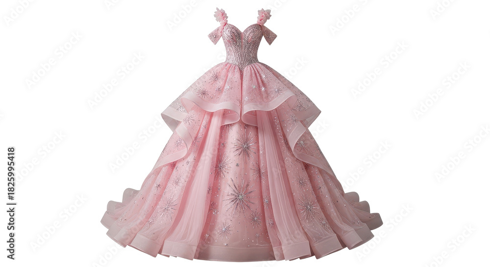 Obraz premium Elegant tiered pink formal ball gown dress for wedding or prom celebration isolated PNG with Transparent Background