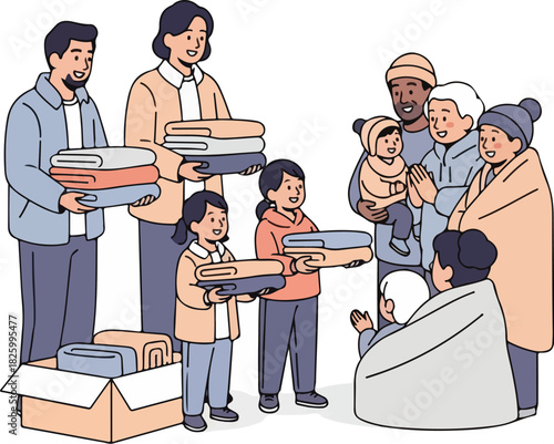 A group of diverse people, including adults and children, are donating blankets to individuals and families in need, showing compassion and support.