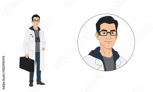 Young male scientist character with lab coat and briefcase