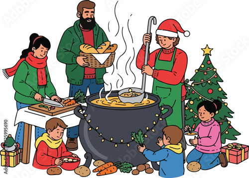 A family prepares a large pot of soup together for Christmas, with a Christmas tree and presents nearby, in a festive and heartwarming scene.