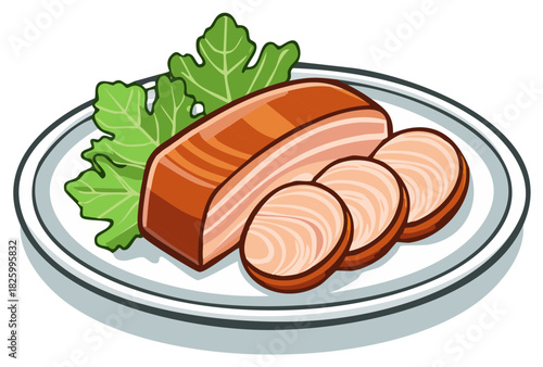 Deliciously Sliced Pork Belly With Greens on a Plate