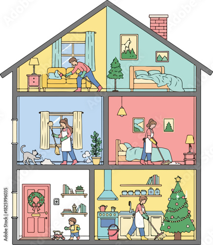 Illustration of a three-story house with people cleaning and tidying different rooms, including the living room, bedroom, kitchen, and hallway.