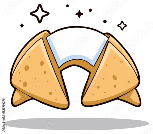 Sparkling fortune cookie illustration with a blank paper message inside