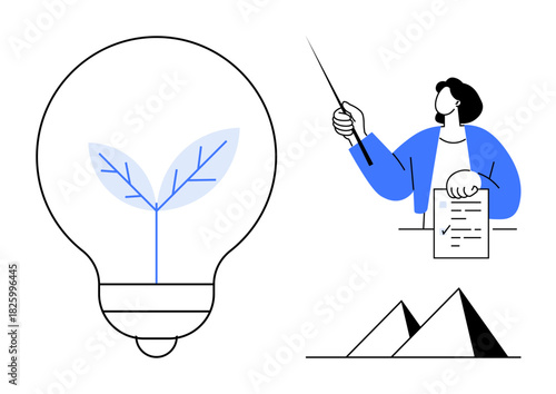 Light bulb with leaf sprout signifies growth teacher with pointer explaining a concept symbolizing education. Simplistic pyramids relate to stability. Ideal for ecology, learning, innovation, energy