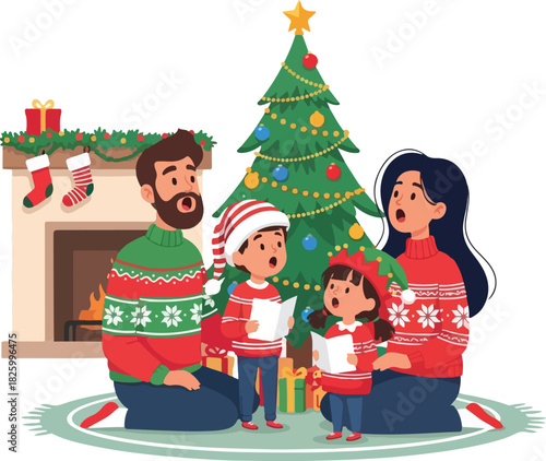Family of four singing Christmas carols together near a decorated tree and fireplace, celebrating the holiday season with joy.