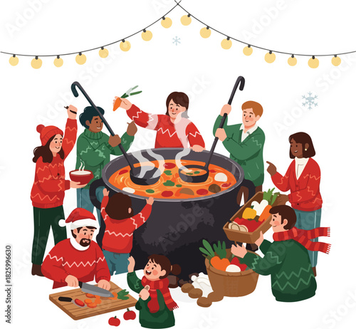A group of people in festive sweaters are cooking and serving soup from a large pot outdoors, decorated with string lights.