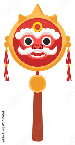 Animated Asian Lion Dance Ornament Featuring Round Red Face and Tassels for Festive Lunar New Year Decorations