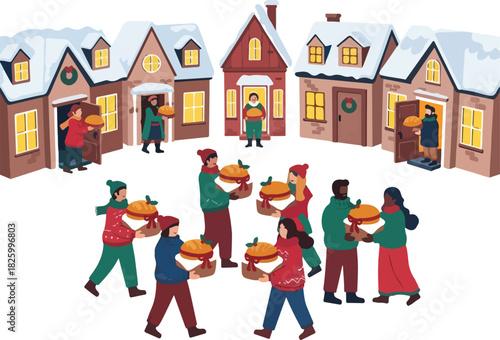 People in a snowy village share food with neighbors, carrying covered dishes to houses decorated with wreaths and snow-covered roofs.