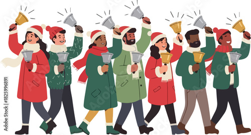 A group of diverse people wearing Santa hats and winter coats walk in a line while ringing handbells and celebrating the holiday season.