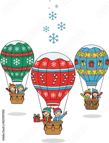 Three festive hot air balloons decorated with winter themes carry children under falling snowflakes in a cheerful, whimsical illustration.