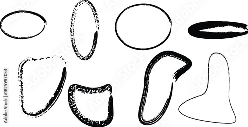 A diverse collection of hand-drawn grunge frames and abstract shapes created with black brush strokes, isolated on a white background for design